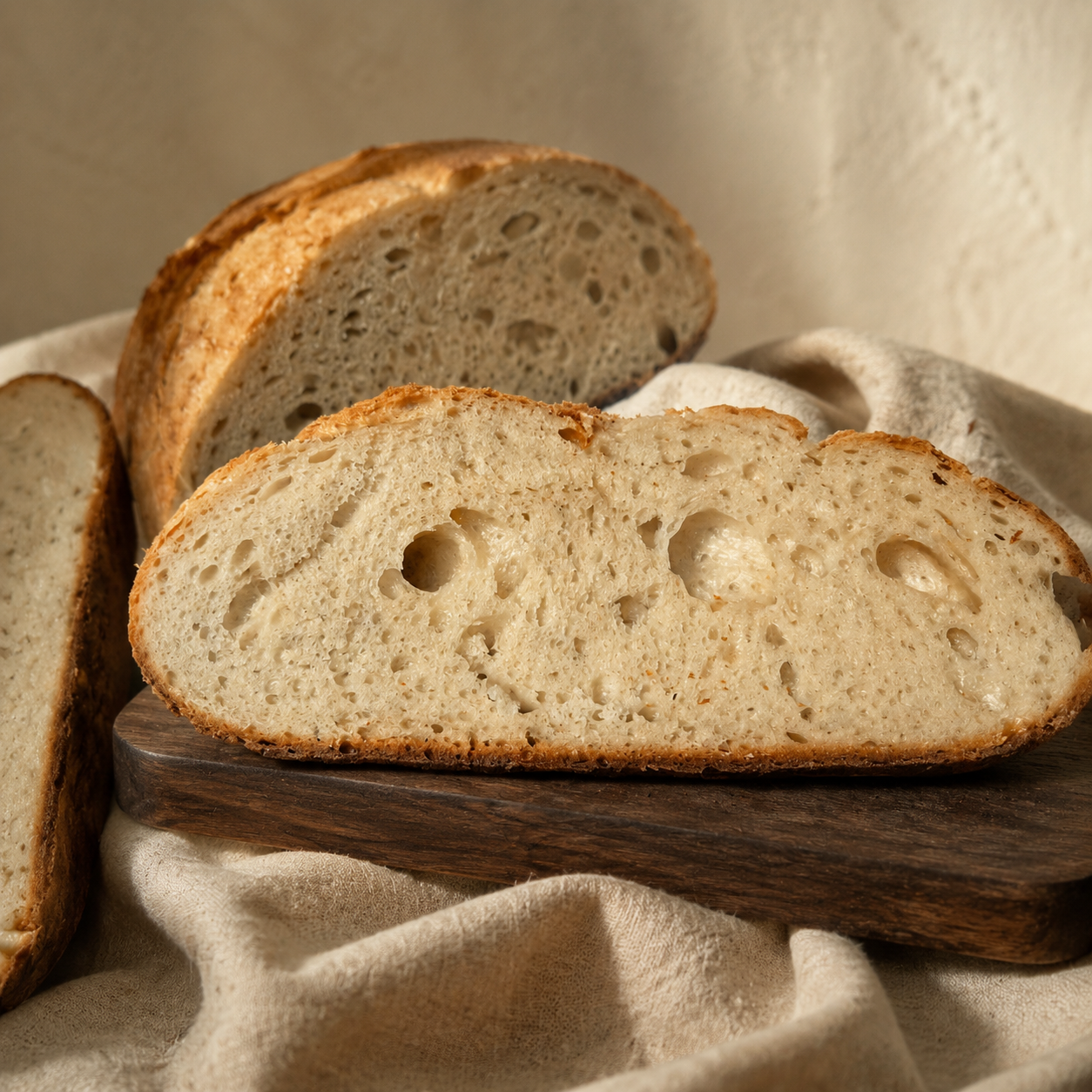 Close-up of the natural crumb in 11 Kettle Farm rustic sourdough bread